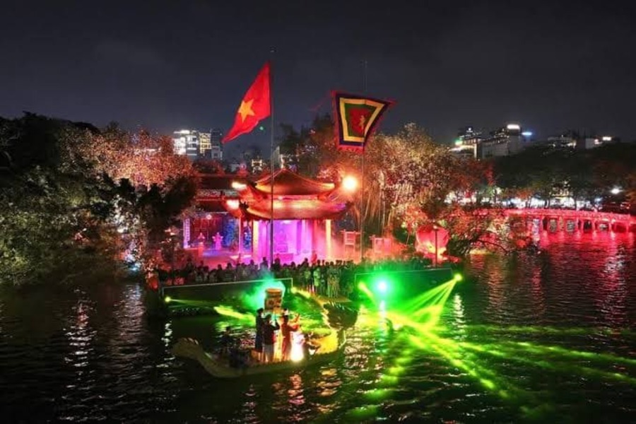 Hanoi nightclub with colorful lights and a lively dance floor